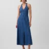 Denim Seamed Halter Maxi Dress