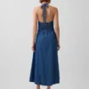 Denim Seamed Halter Maxi Dress