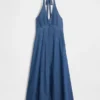 Denim Seamed Halter Maxi Dress