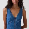 Denim Seamed Zip-Front Midi Dress