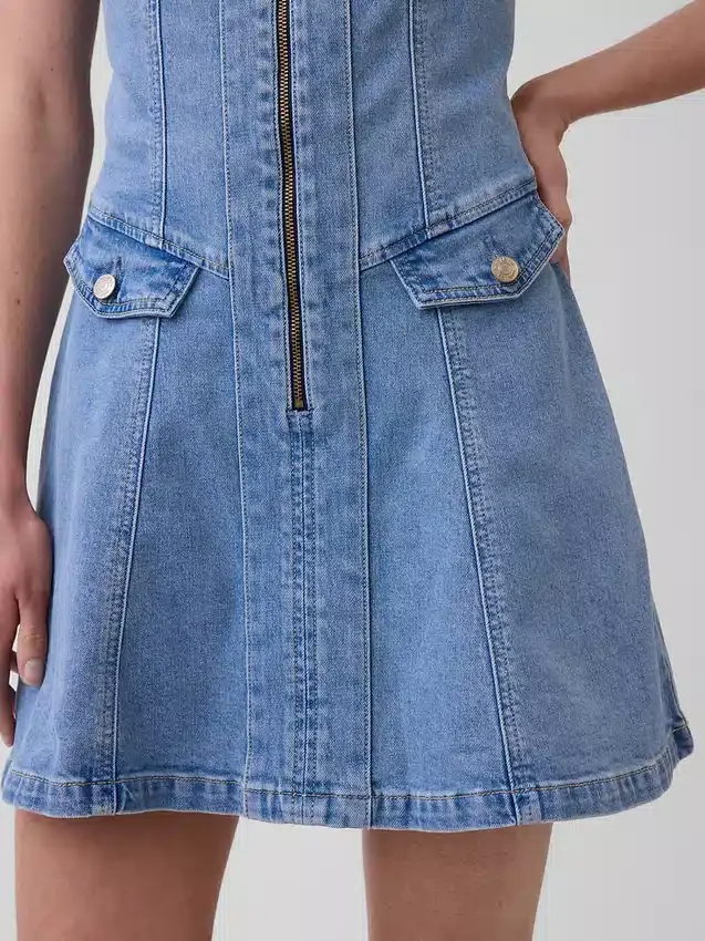 Denim Seamed Zip-Front Mini Dress