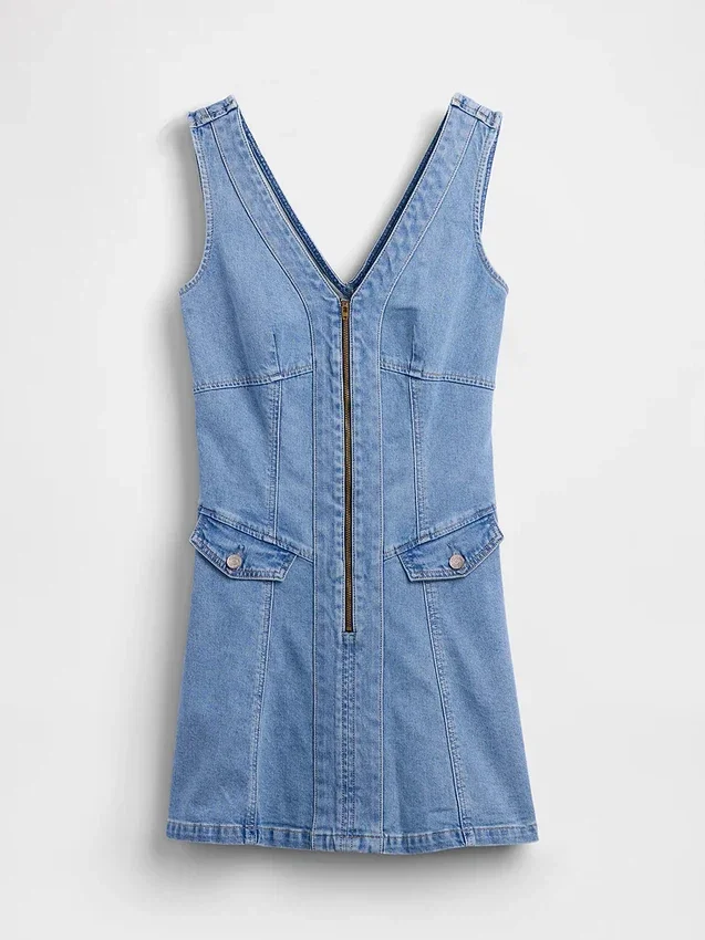 Denim Seamed Zip-Front Mini Dress