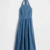 Denim Tie-Back Halter Maxi Dress
