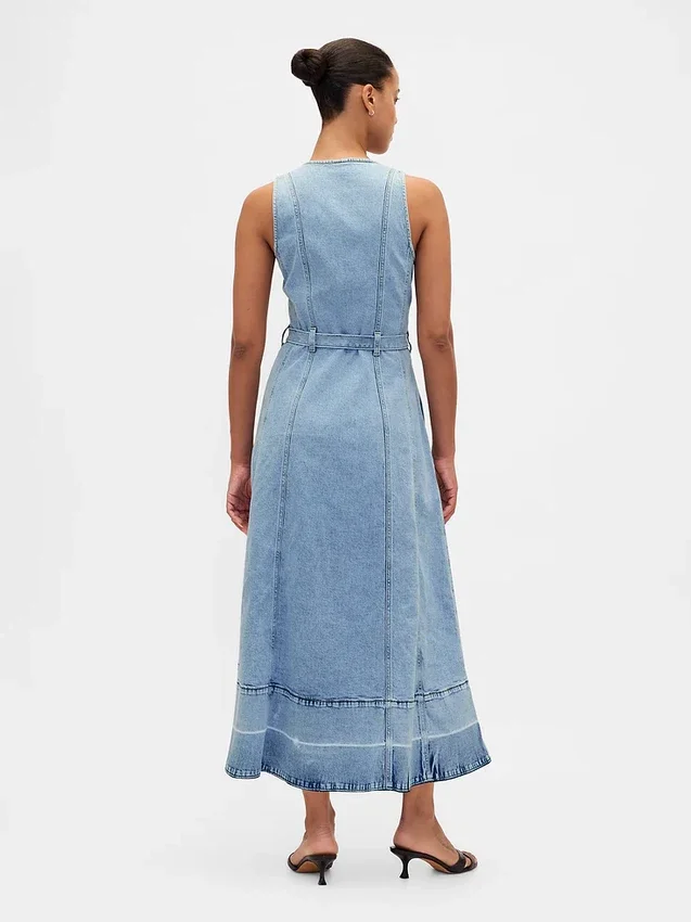 Denim Tie-Belt Button-Front Maxi Dress