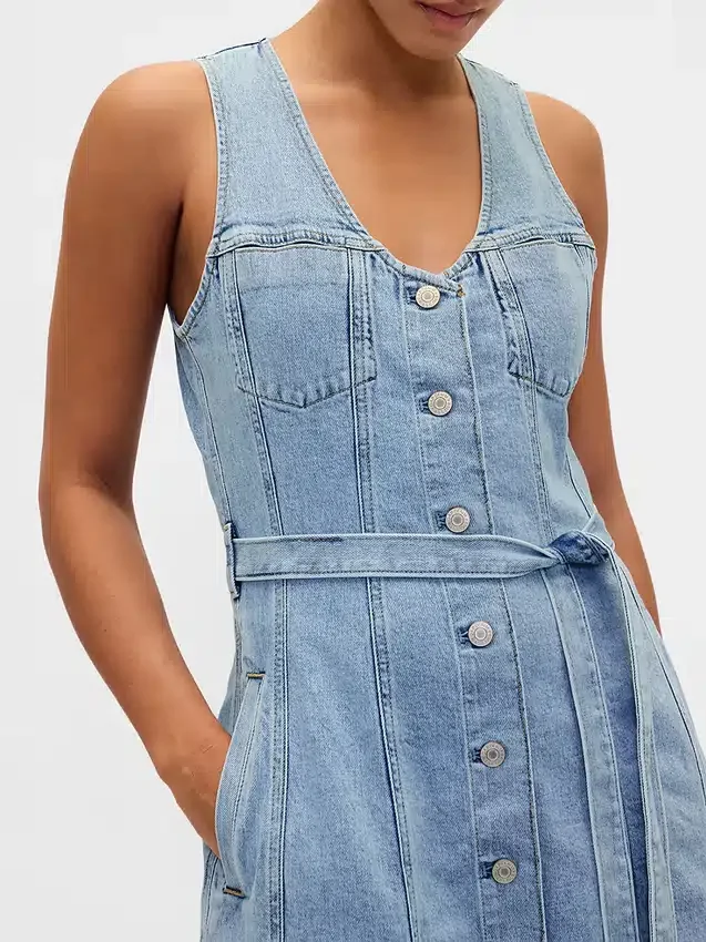 Denim Tie-Belt Button-Front Maxi Dress