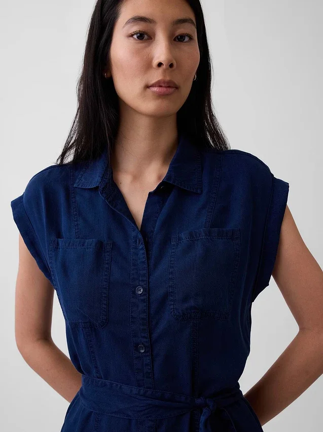 Denim Tie-Waist Utility Midi Dress