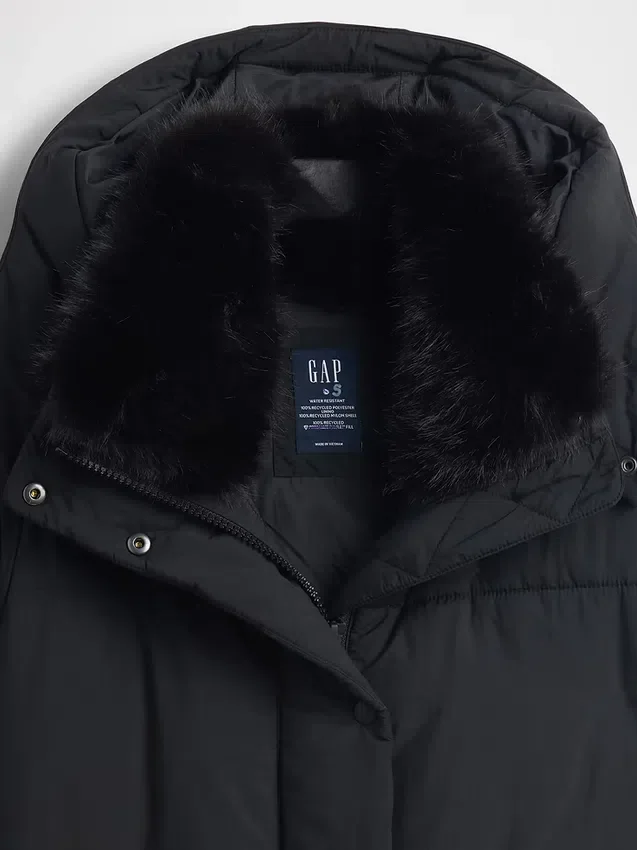 Faux Fur-Trim Midi Puffer Jacket