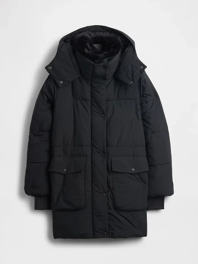 Faux Fur-Trim Midi Puffer Jacket