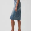 High Rise Denim Midi Pencil Skirt