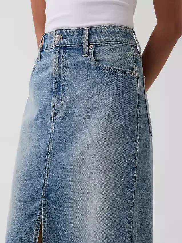 High Rise Denim Midi Pencil Skirt
