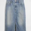 High Rise Denim Midi Pencil Skirt