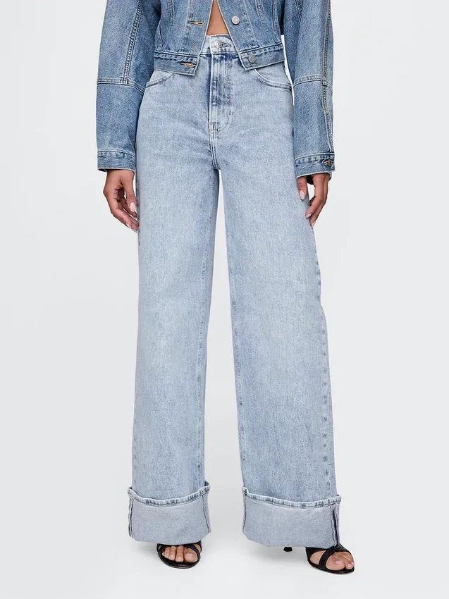 High Rise Stride Cuffed Wide-Leg Jeans