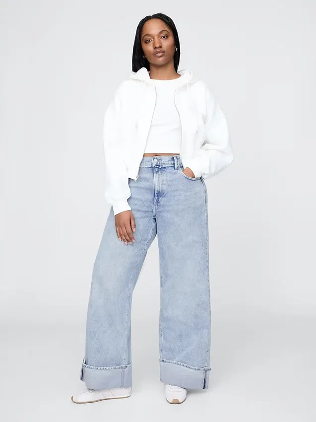 High Rise Stride Cuffed Wide-Leg Jeans