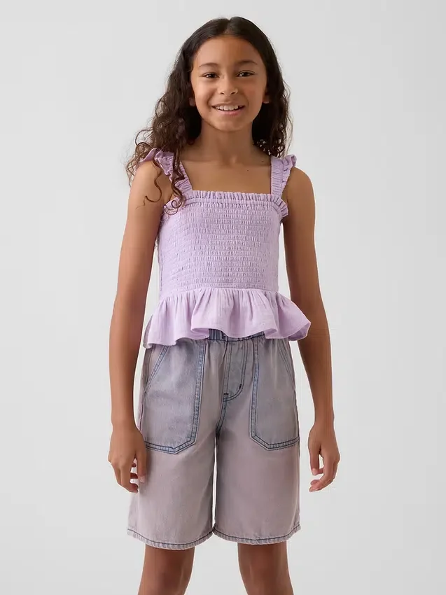 Kids Cotton Gauze Smocked Peplum Top