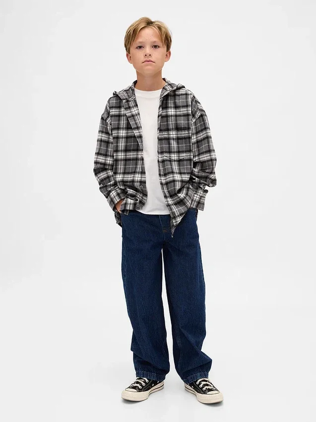 Kids Organic Cotton Hooded Flannel Shirt