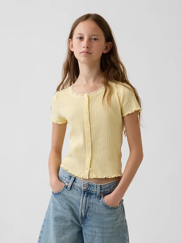 Kids Pointelle Rib Button-Front T-Shirt