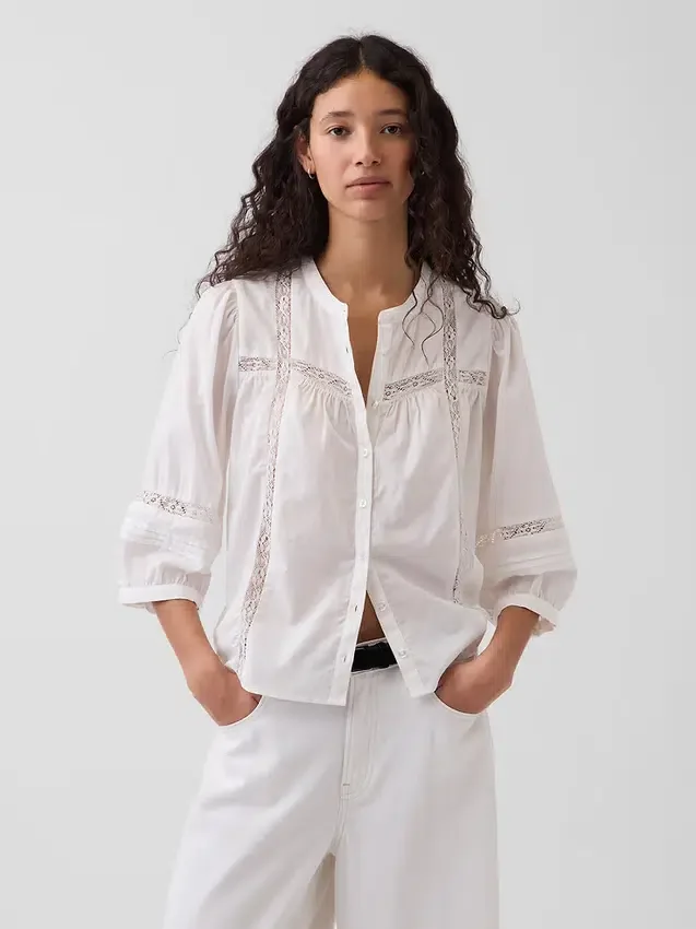 Lace-Trim Button-Front Swing Top