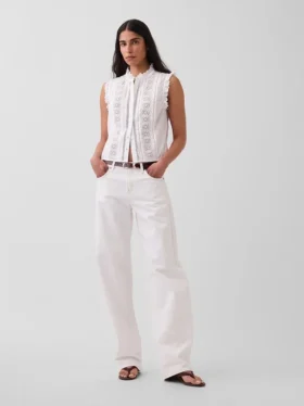 Lace-Trim Pintuck Button-Front Top