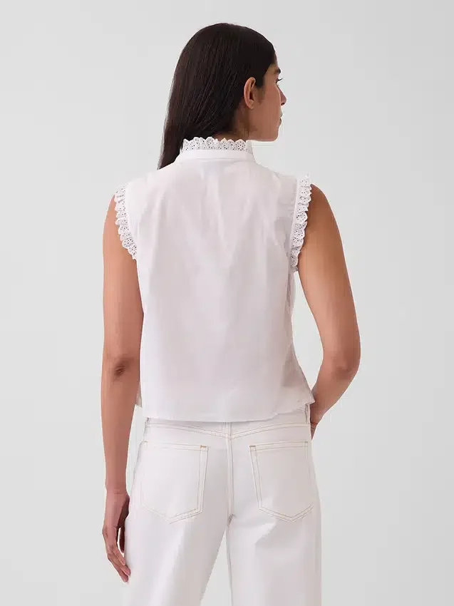 Lace-Trim Pintuck Button-Front Top
