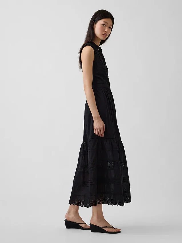 Lace-Trim Tiered Midi Shirtdress
