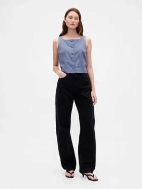 Linen-Blend Button-Front Shell Top