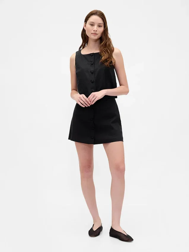 Linen-Blend Button-Front Shell Top