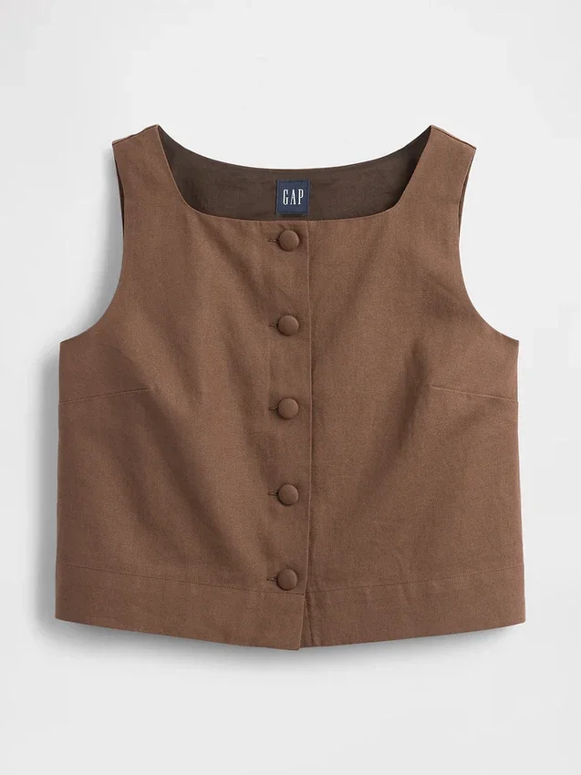 Linen-Blend Button-Front Shell Top