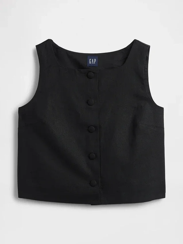 Linen-Blend Button-Front Shell Top