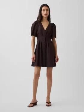 Linen-Blend Cinched Mini Shirtdress