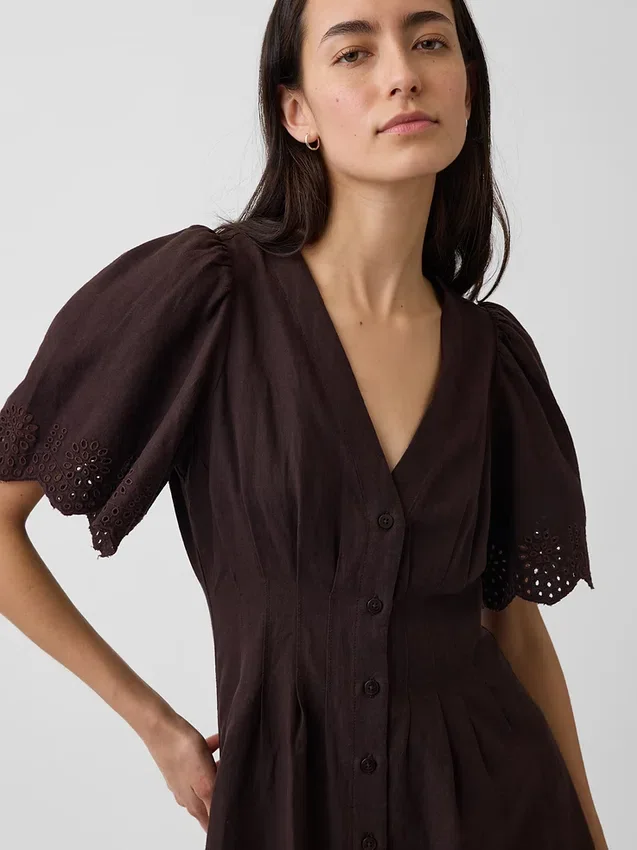 Linen-Blend Cinched Mini Shirtdress