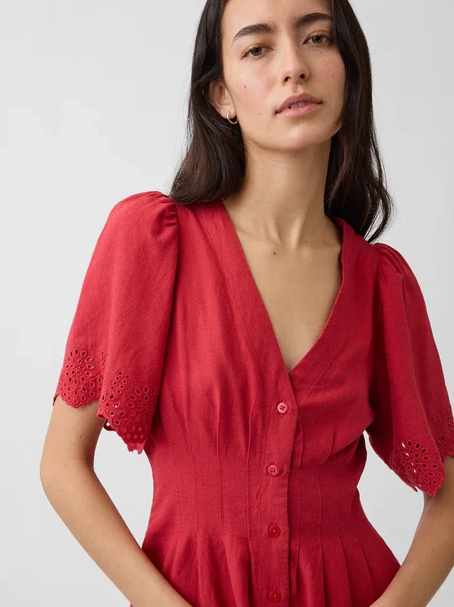 Linen-Blend Cinched Mini Shirtdress