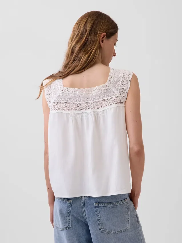 Linen-Blend Crochet Square-Neck Top