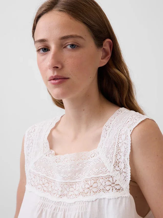 Linen-Blend Crochet Square-Neck Top
