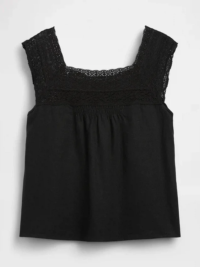 Linen-Blend Crochet Square-Neck Top