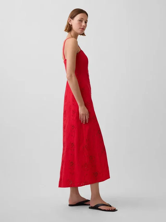 Linen-Blend Embroidered Cami Maxi Dress
