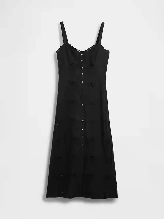 Linen-Blend Embroidered Cami Maxi Dress