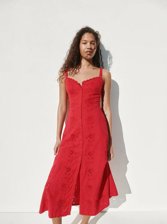 Linen-Blend Embroidered Cami Maxi Dress