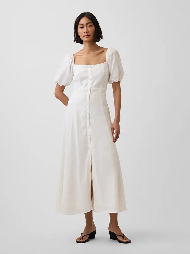 Linen-Blend Empire Waist Maxi Dress