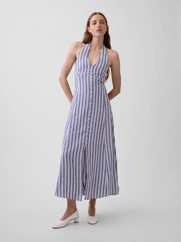 Linen-Blend Halter Maxi Dress