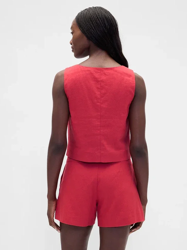 Linen-Blend Hook-Front Crop Shell Top