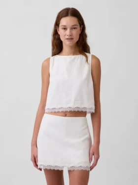 Linen-Blend Lace-Hem Crop Shell Top