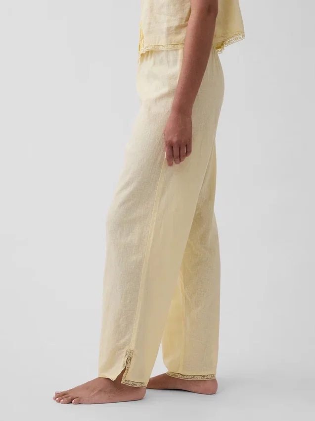 Linen-Blend Lace-Hem Pj Pants