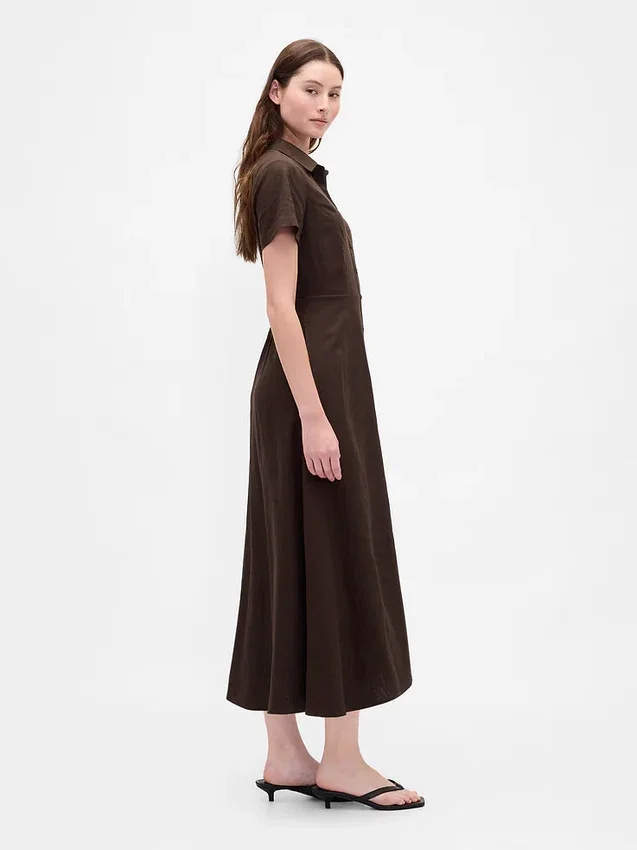 Linen-Blend Midi Shirtdress