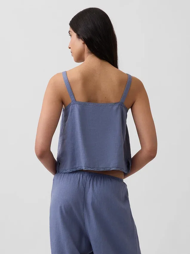 Linen-Blend Pintuck Crop Pj Tank Top