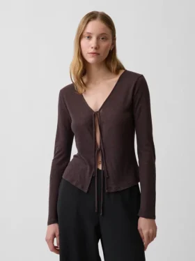 Linen-Blend Tie-Front Cardigan