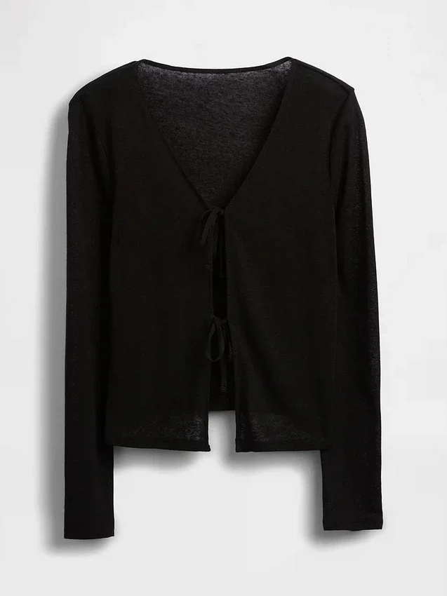 Linen-Blend Tie-Front Cardigan