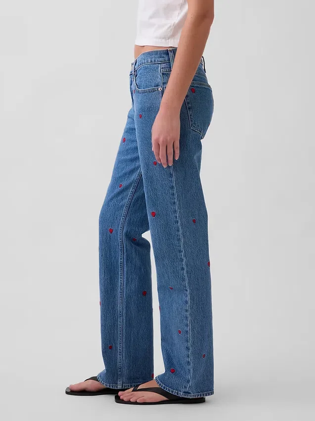 Mid Rise Embroidered Relaxed Straight Jeans