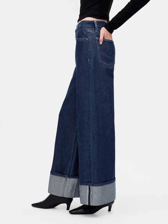 Mid Rise Metallic Cuffed Baggy Jeans