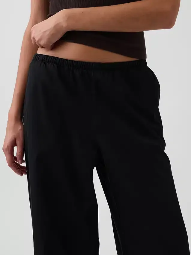 Mid Rise Poplin Relaxed Easy Wide-Leg Pants