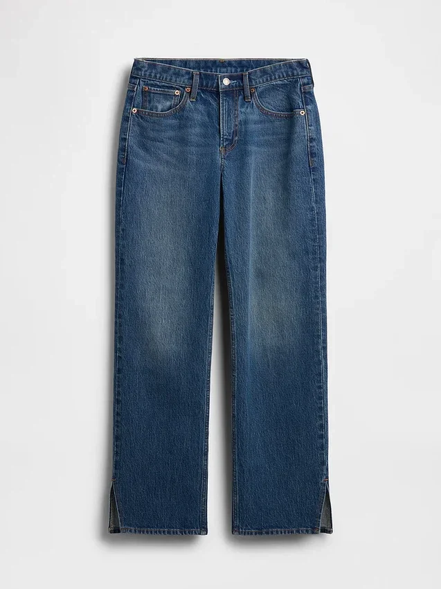 Mid Rise Split-Hem Relaxed Straight Jeans